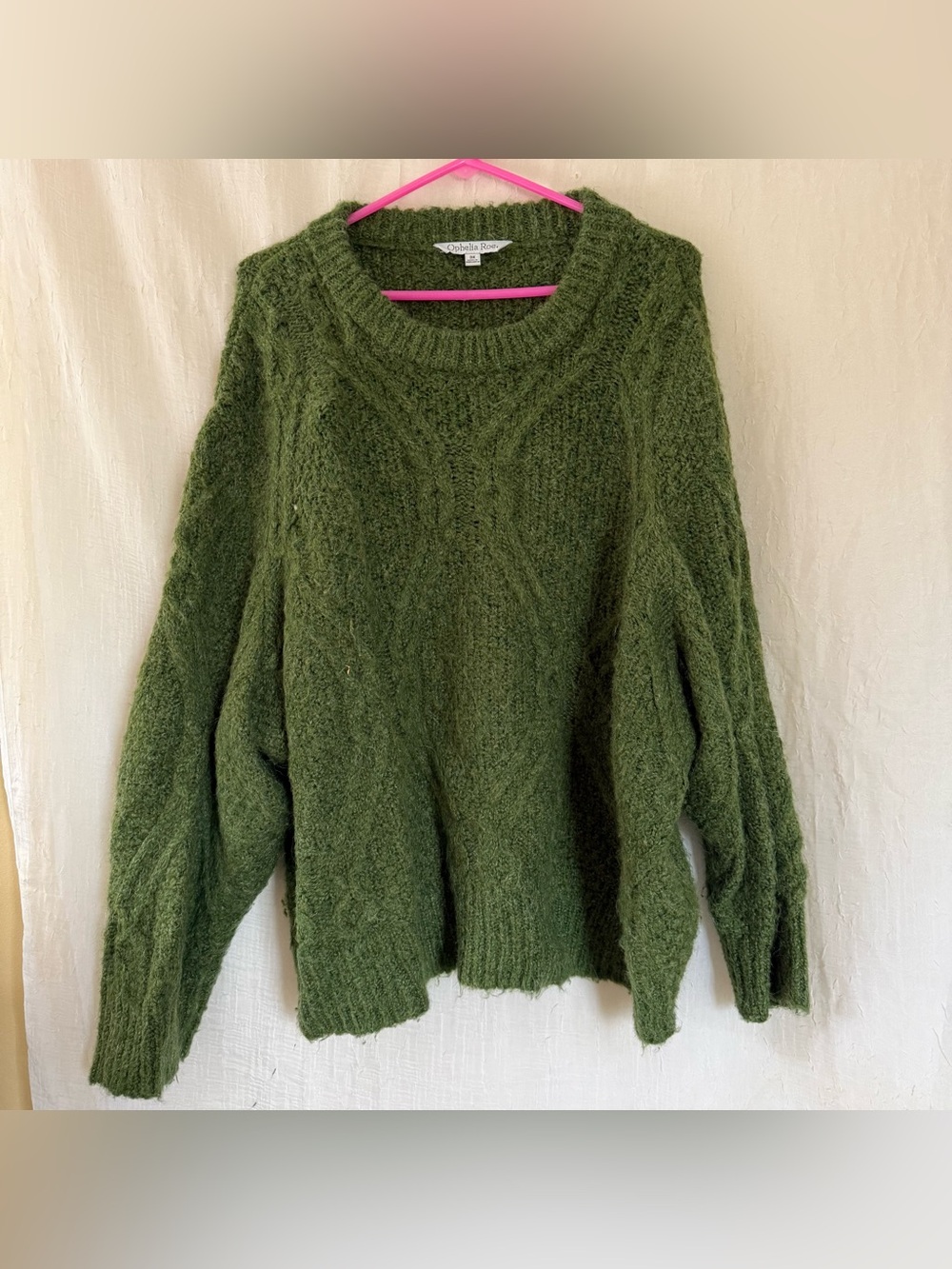 Cable Knit Crewneck Sweater in Olive Green